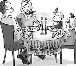 Famille qui échange au souper